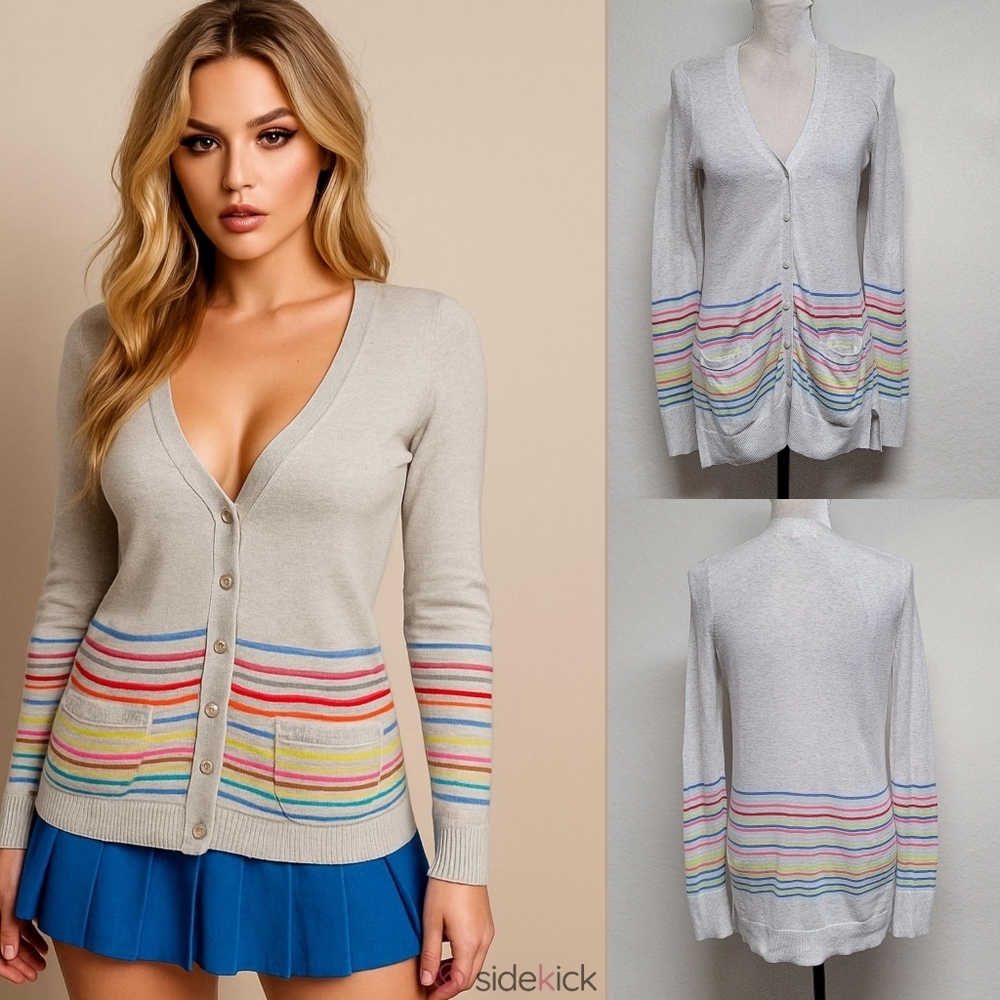 Victoria's Secret Retro Y2K Gray Rainbow Striped Cotton V-neck Cardigan Small